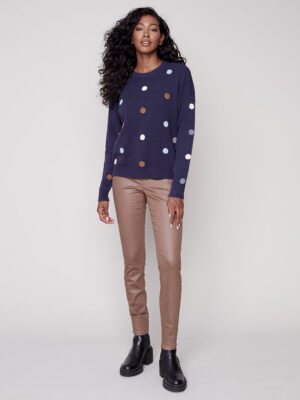 Charlie C2526D-736A large polka dot print on navy knit sweater