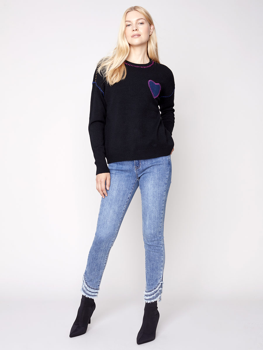 Charlie B C2526-736A heart appliqué knit sweater