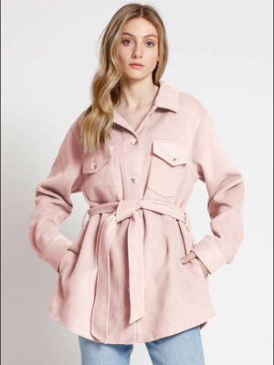 Motion MOK8172 button tie long overshirt with belt pink color