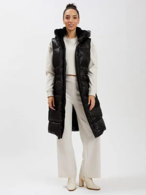 Point Zero black Long sleeveless jacket 8168578 maxi in eco down with hood