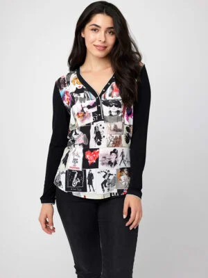 CoCo Y Club top 232-2803 bi-material, printed on the front, V-neck, long sleeves