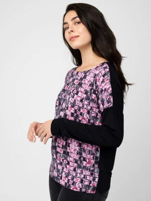 CoCo Y Club top 232-2808 bi-material, printed on the front, round neckline, long sleeves