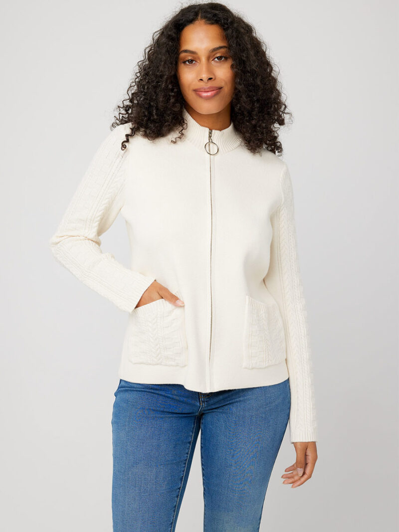 CoCo Y Club 232-2640 cardigan sweater with comfortable and soft zip ivory color