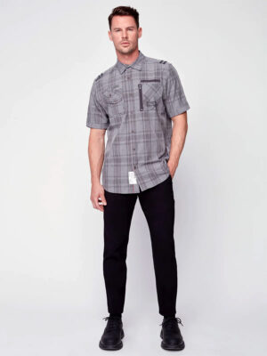 Projek Raw 143265 short-sleeve checkered shirt, stretchy and comfortable in grey color