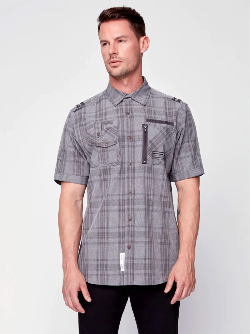 Projek Raw 143265 short-sleeve checkered shirt, stretchy and comfortable in grey color