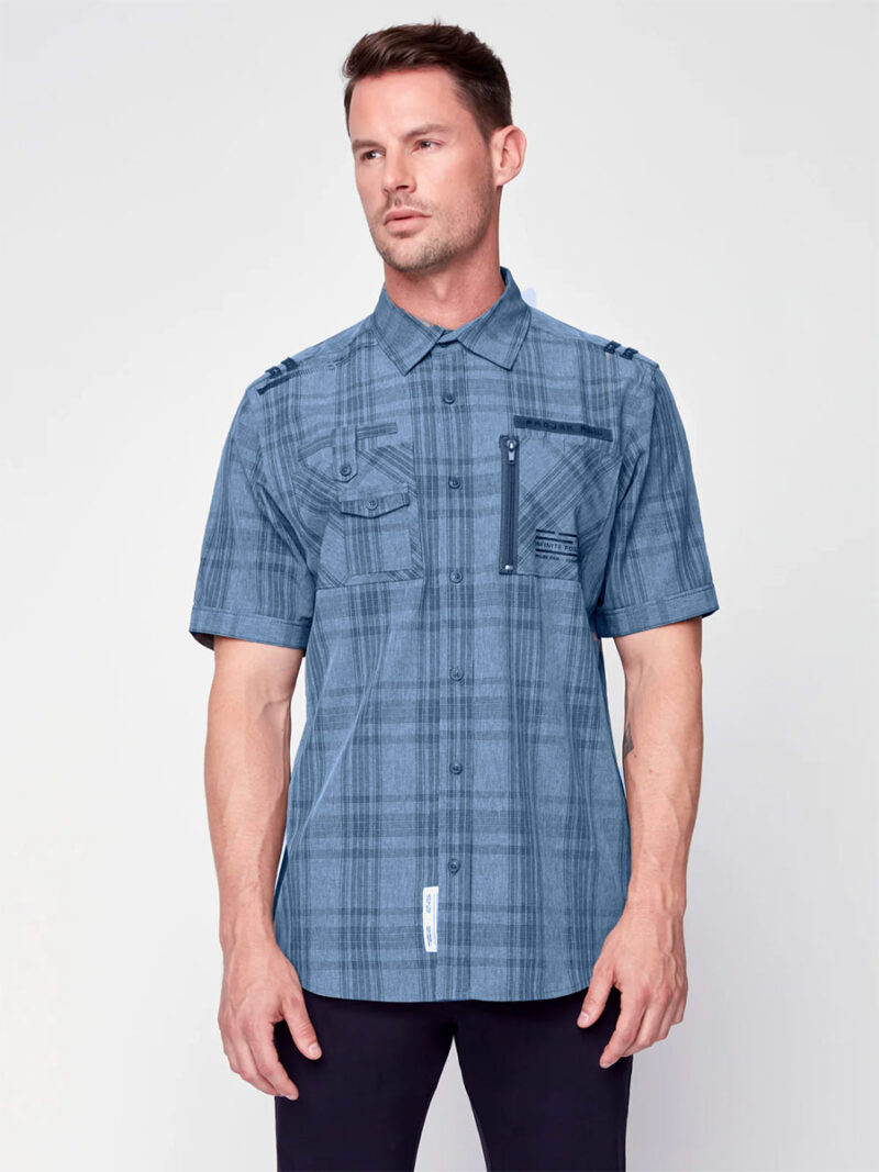 Projek Raw 143265 short-sleeve checkered shirt, stretchy and comfortable in blue denim  color