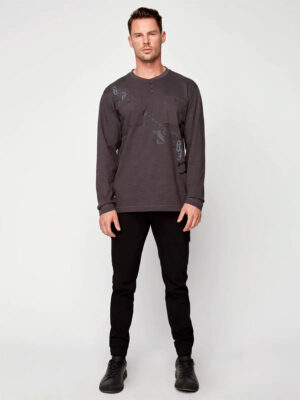 Projek Raw T-shirt 143725 long sleeve printed Henley style in charcoal color