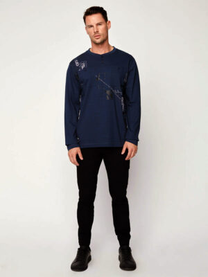 Projek Raw T-shirt 143725 long sleeve printed Henley style in navy color