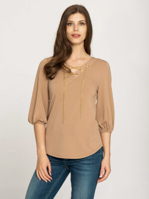 Spense top CSTP04217M comfortable long sleeves with gold chain at the collar camel color
