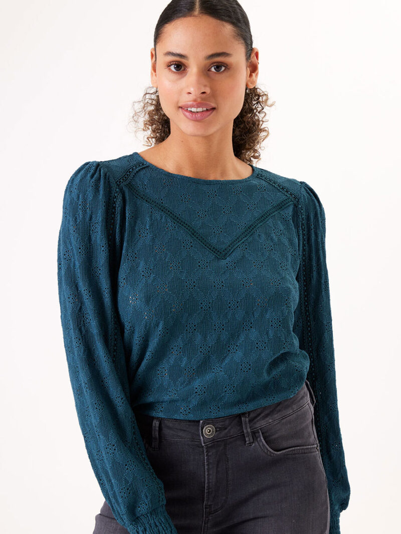 Top Garcia J30204 long sleeves lace texture teal color