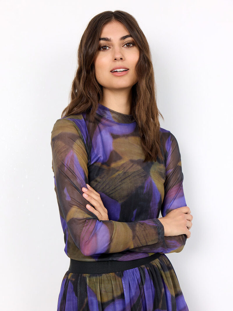 Soya Concept 26352 top high collar in printed mesh in purple combo