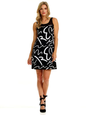Modes Gitane RR-combo-am-100 printed sleeveless dress with transparent mesh top in black and white combo