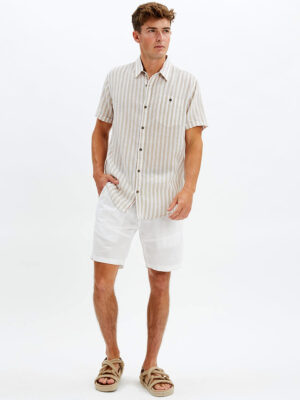Point Zero shirt 7264301 short sleeves in linen with vertical beige stripes