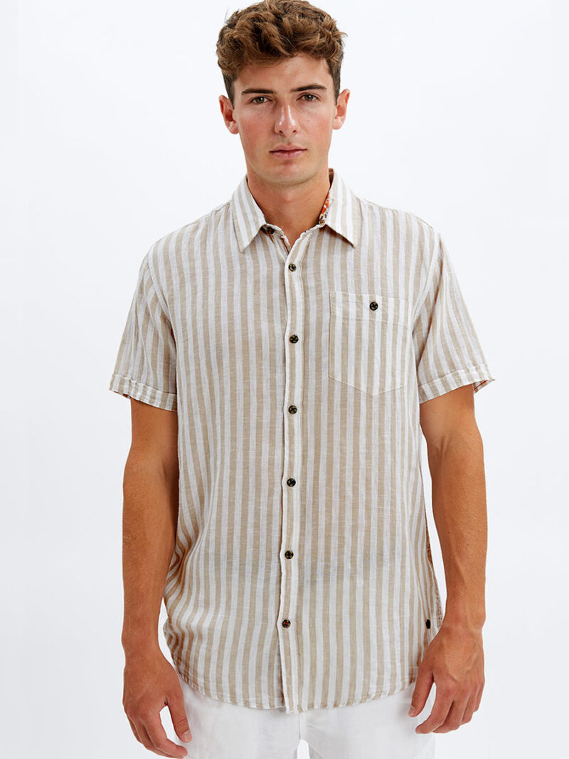 Point Zero shirt 7264301 short sleeves in linen with vertical beige stripes