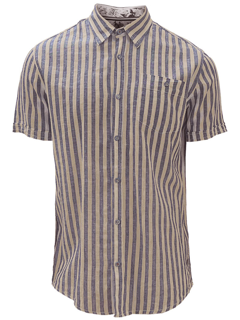 Point Zero shirt 7264301 short sleeves in linen with vertical beige-chambray stripes