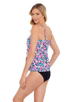 Penbrooke Tankini 60201112 printed round neckline D cup in black and pink combo