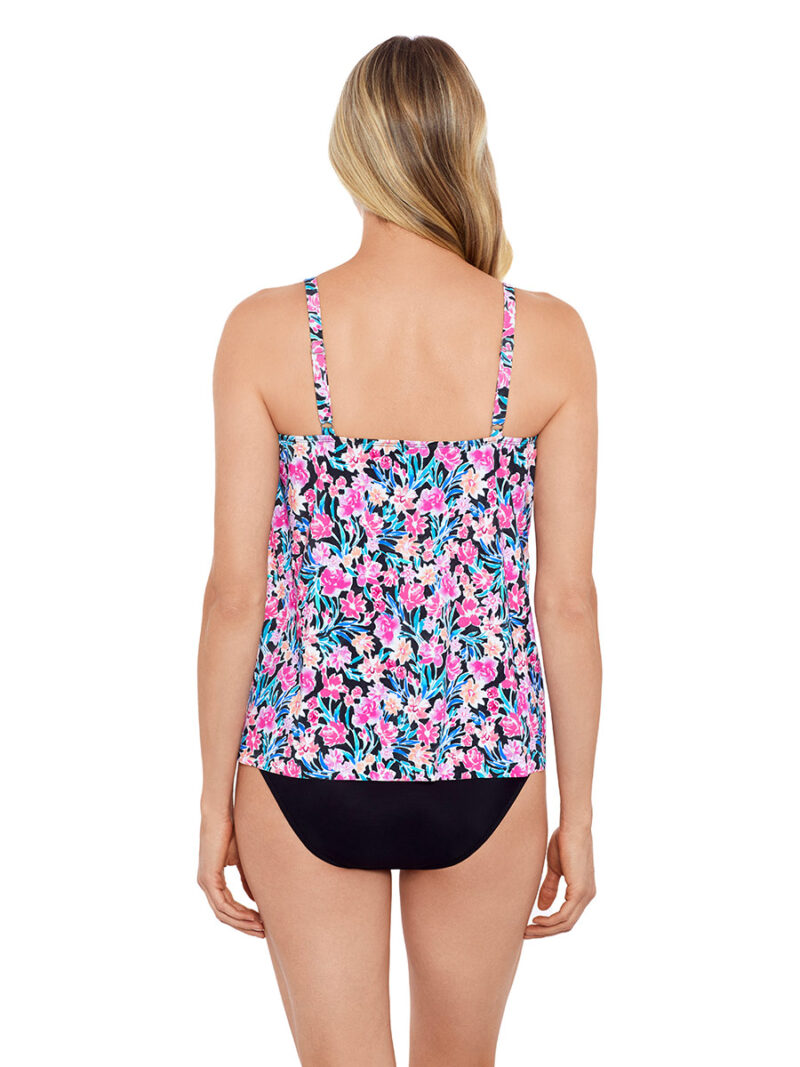 Penbrooke Tankini 60201112 printed round neckline D cup in black and pink combo