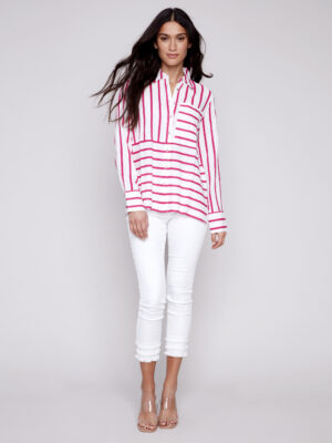 Charlie B Blouse C4539-902B P550 long sleeve tunic with pink stripes