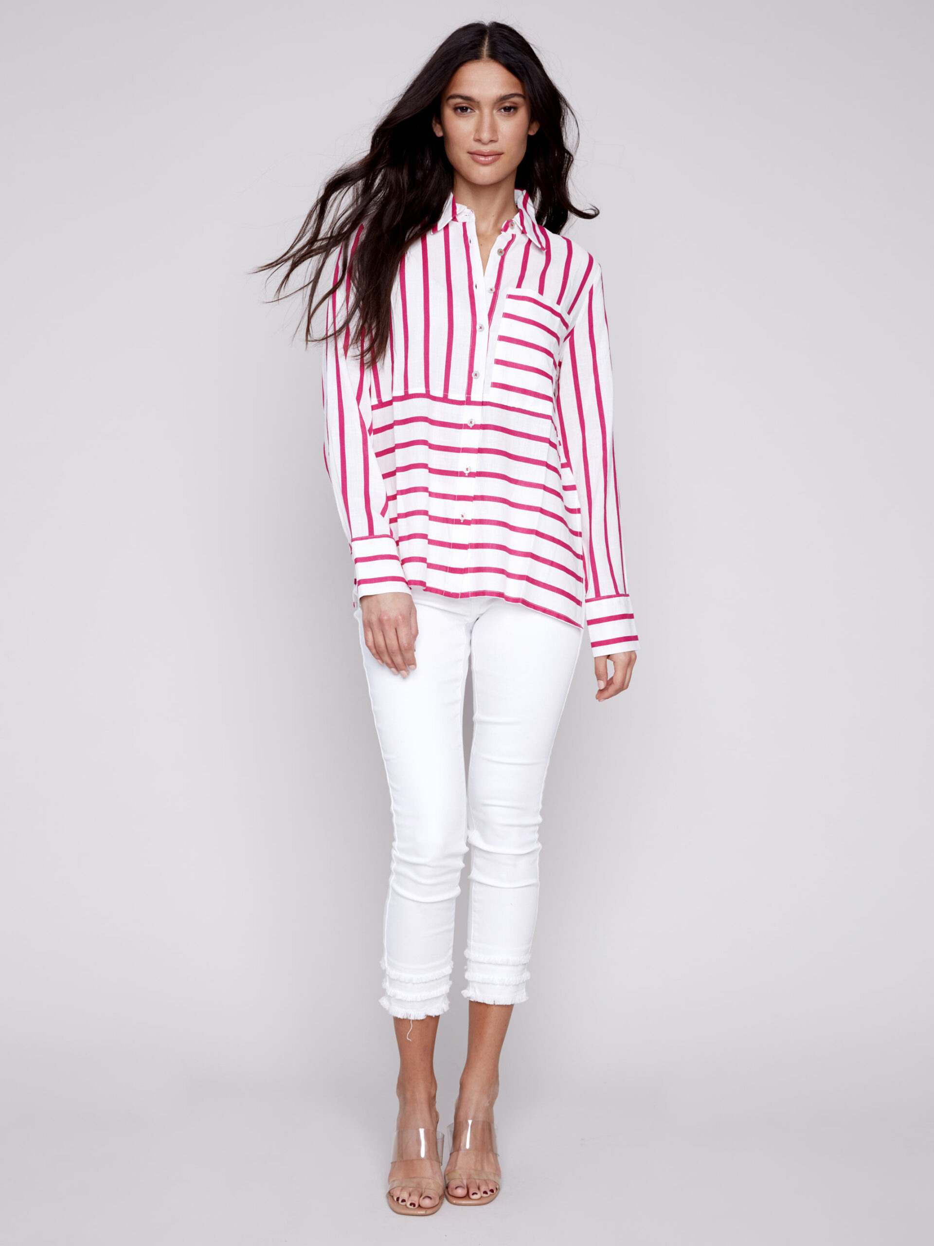 Charlie B Blouse C4539-902B P550 long sleeve tunic with stripes