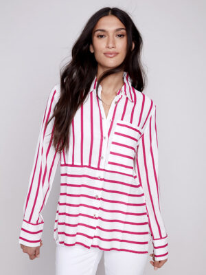 Charlie B Blouse C4539-902B P550 long sleeve tunic with pink stripes