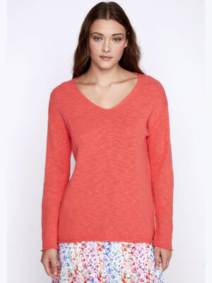 CoCo Y Club 241-1898 cotton knit V-neck sweater coral color