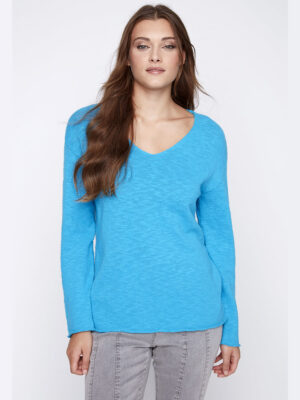 CoCo Y Club 241-1898 cotton knit V-neck sweater turquoise color