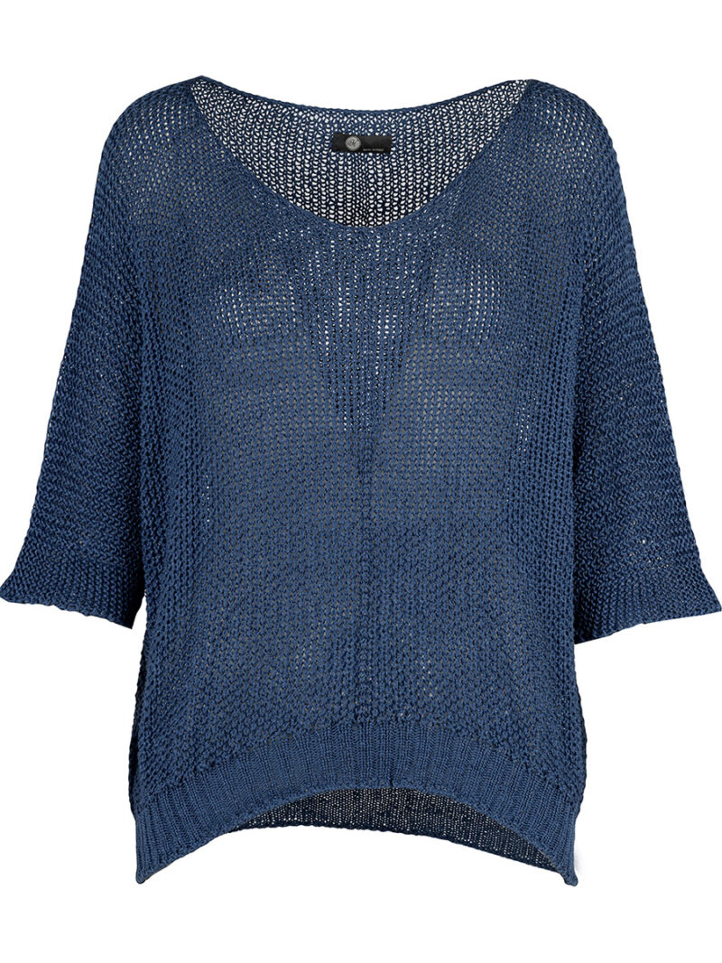 M Italy sweater 33- 1892U knit V-neck 3/4 sleeves navy