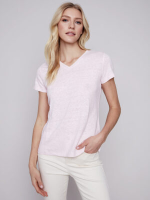 Charlie B C1231X-772A linen V-neck t-shirt light pink color