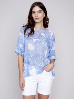 Charlie B top C4296Y-274C printed dolman sleeves cotton gas blue combo