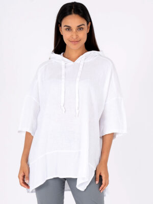 M Italy Top 22-D3662U in white linen 3/4 sleeves with hood