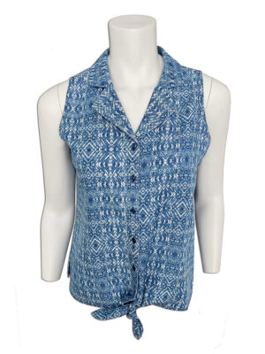 Motion MOM4059 printed sleeveless Lyocel blouse tied in front blue combo