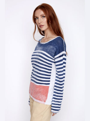 CoCo Y Club 241-1910 cotton long sleeve sweater with navy combo stripes