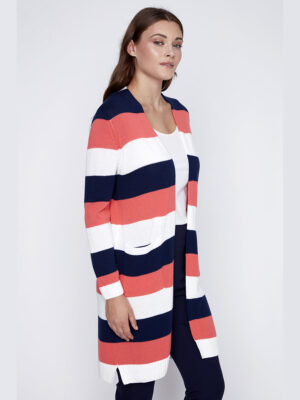CoCo Y Club 241-1905 long cardigan sweater with stripes coral combo