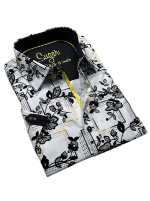 Sugar ARCANE-S Cloud short-sleeved leaf print shirt with gold appliqué on a white background