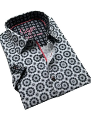 Sugar CLEMENT-S Charcoal short-sleeved shirt printed with geo patterns on a white background, stretchy and comfortable
