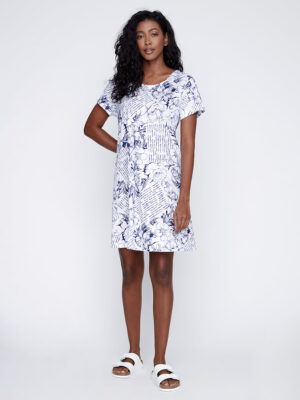 CoCo Y Club 241-2373 dress printed short sleeves white and navy combo