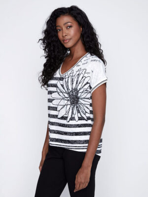 CoCo Y Club T-shirt 241-2319 short sleeves printed and striped V-neck combo black