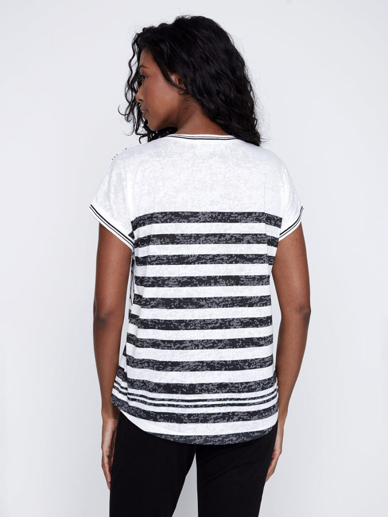 T-shirt CoCo Y Club 241-2319 manches courtes imprimé et rayures col en V combo noir