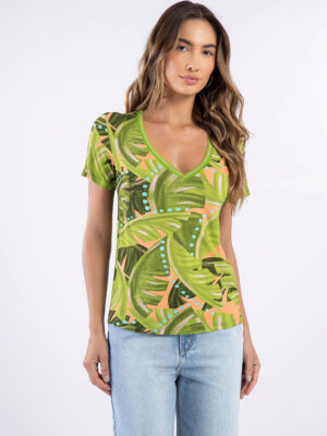 T-shirt Lez a Lez 7288L-Bananeira imprimé manche courtes combo vert