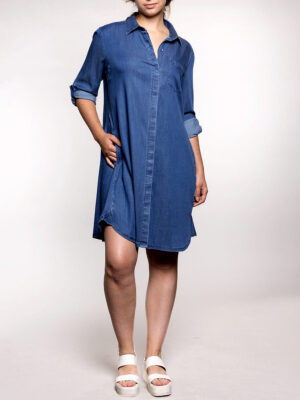 Carelli T2020 shirt dress in tencel with convertible sleeve blue denim
