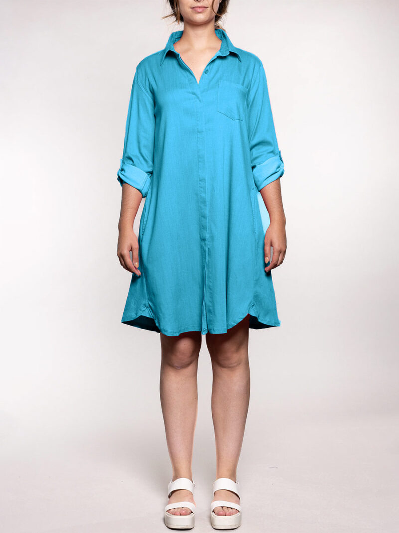Carelli T2020 shirt dress in tencel with convertible sleeve turquoise