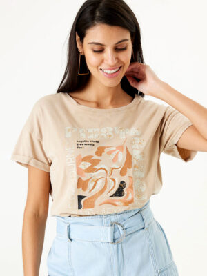 T-shirt Garcia P40203 imprimé manches courtes encolure ronde coton combo beige