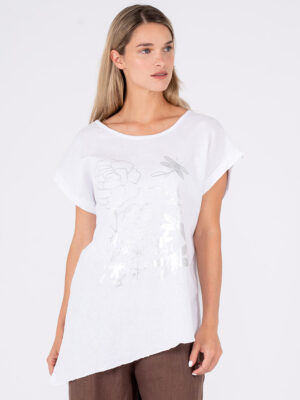 Loose top M 15-334157U tied at the bottom with tone-on-tone white print