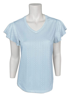 Top Motion MOM4160 short sleeves stretchy pointelle texture light blue