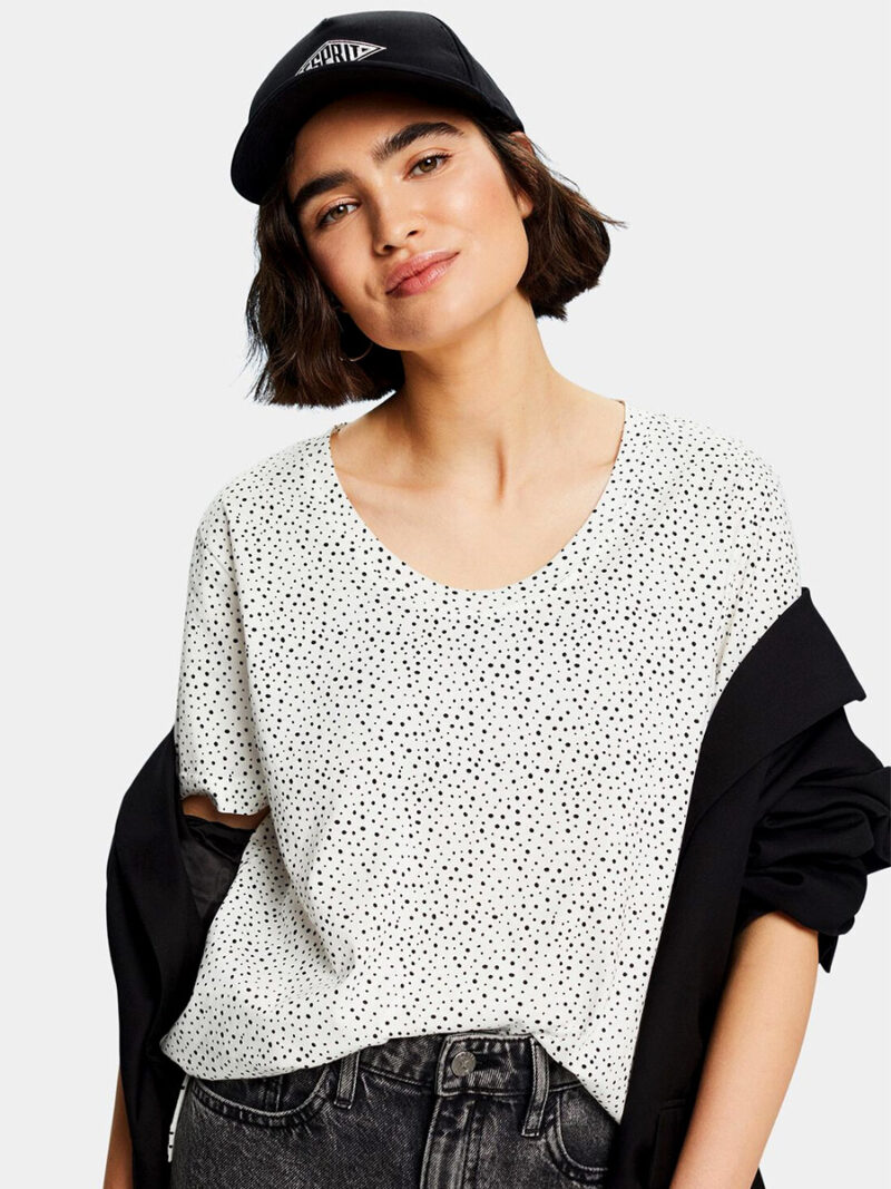 Esprit t-shirt 994EE1K310 loose combo print white black polka dots short sleeves
