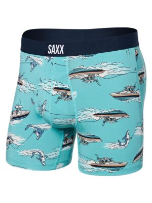 Boxer SAXX Ultra SXBB30F SSK doux Imprimé bateau et requin sur fond turquoise