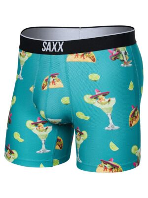 Boxer SAXX Volt SXBB29 STF texture maille imprimé cocktail et tacos sur fond aqua