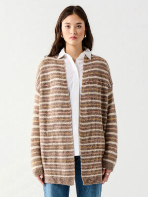 Chandail Cardigan Dex 2427310D long ouvert avec rayures combo beige mélange